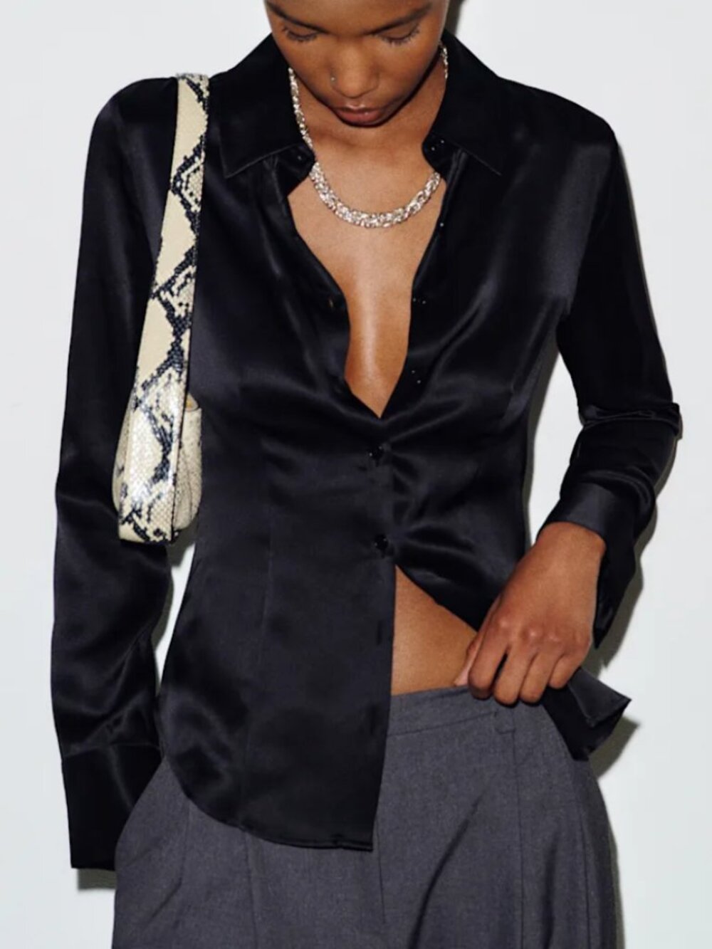 Reformation Raya Fitted Silk Shirt - Black Noir French Classic Quiet Lux